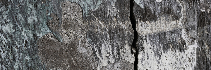 Texture of old cracked concrete wall. Rough gray concrete surface. Wide panoramic background for...