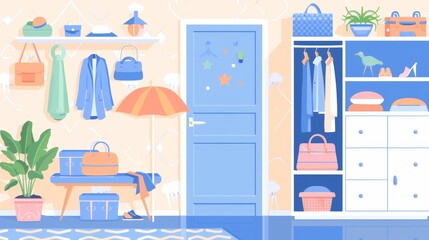 Modern illustration of a hallway interior with clothes hanger, umbrella storage, and a closet. Clipart collection to create a modern entryway in a flat with shelf and coat hooks.