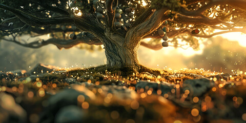 A vibrant tree with numerous leaves basking in the warm glow of the sun.

