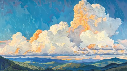 Castle green mountains and clouds Illustration Poster Background at Dusk
