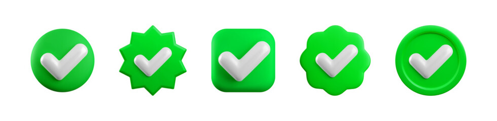 Vector 3d Green Check mark realistic icons set. Trendy plastic round, square, starburst and wavy verified badge with checkmark, approved icon isolated. Green official tick button. 3d render yes sign.