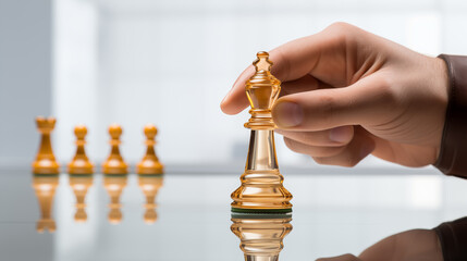 Close-up shot of a hand holding a gold pawn with the thumb