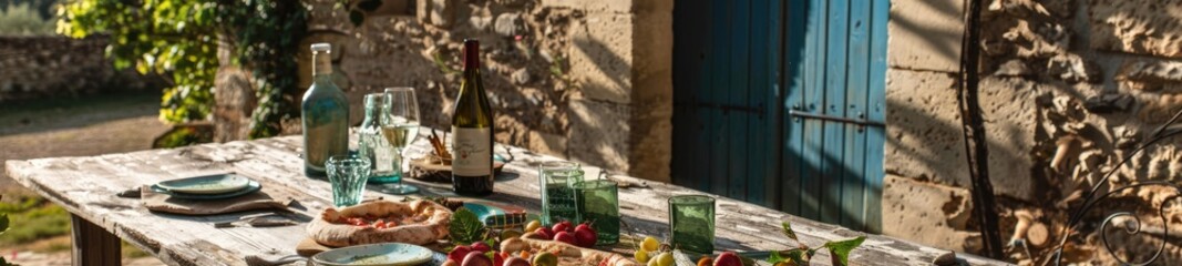 Rustic Mediterranean Feast, Pizza, Wine, Fruit on Table by Old Stone House