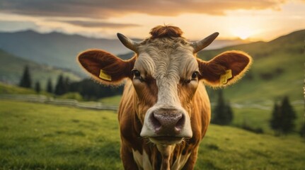 Portrait of a cow in a field in the mountains. Close up cow in the sunny pasture , cattle 