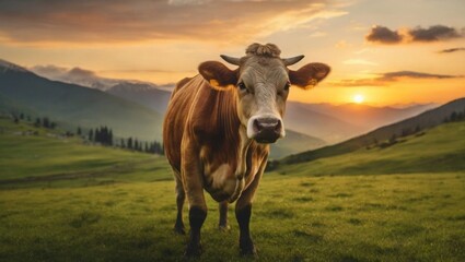 Portrait of a cow in a field in the mountains. Close up cow in the sunny pasture , cattle 