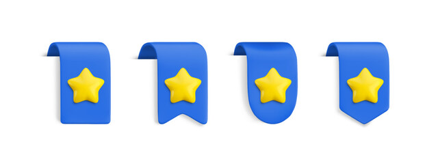 Vector Realistic 3d Blue Bookmarks set with gold star. Favorite icon design element, cute ribbons e-book sticker with shadow on white. Cartoon 3d vertical ribbon tags, tape, add to bookmarks.