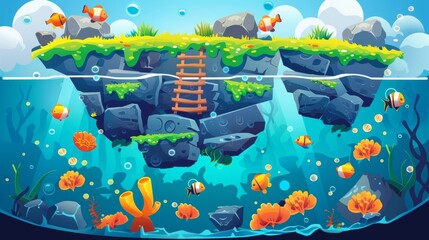 Underwater landscape with floating rock islands, gold coins, ladders and anemones. Cartoon arcade world design with a bluish seabed, anemones and algae.