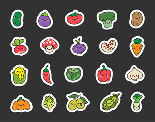 Funny cartoon vegetables. Sticker Bookmark. Kawaii character. Hand drawn style. Vector drawing. Collection of design elements.
