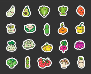 Cute cartoon vegetables. Sticker Bookmark. Kawaii character. Hand drawn style. Vector drawing. Collection of design elements.