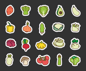 Vegetable organic products. Sticker Bookmark. Exotic healthy food. Hand drawn style. Vector drawing. Collection of design elements.