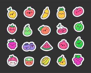 Funny cartoon fruits. Sticker Bookmark. Kawaii character. Hand drawn style. Vector drawing. Collection of design elements.