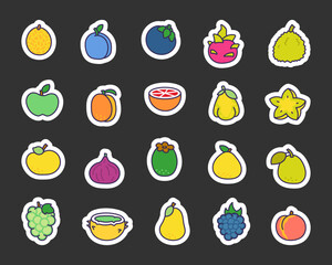 Juicy fruit products. Sticker Bookmark. Exotic food. Hand drawn style. Vector drawing. Collection of design elements.