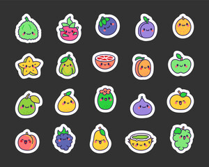 Cute cartoon fruits. Sticker Bookmark. Kawaii character. Hand drawn style. Vector drawing. Collection of design elements.