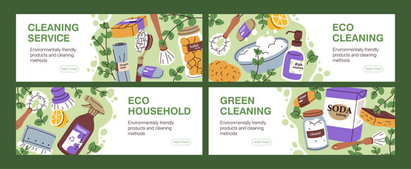 Eco-friendly cleaning products and services, banner design set. Natural washing detergent bottles, green household supplies, organic sustainable zero-waste home clean. Flat vector illustration