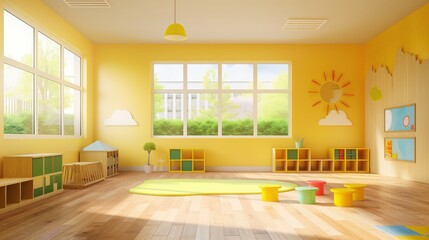 Nursery room or kindergarten for preschool children with colorful interior for daycare with toys and no people for educational and recreational purposes