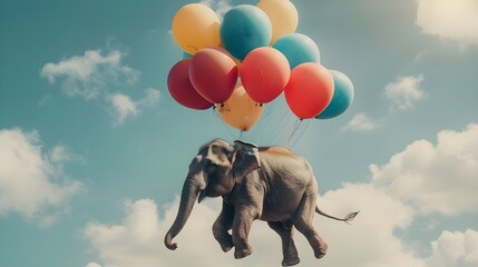 Elefant hängt an mehreren Luftballons .Generative AI