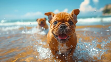 Two energetic bulldogs are joyfully running and splashing in the shallow water at the beach on a sunny day