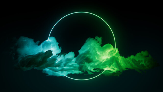 Cloud Formation Illuminated with Green and Turquoise Fluorescent Light. Dark Environment with Circle shaped Neon Frame.