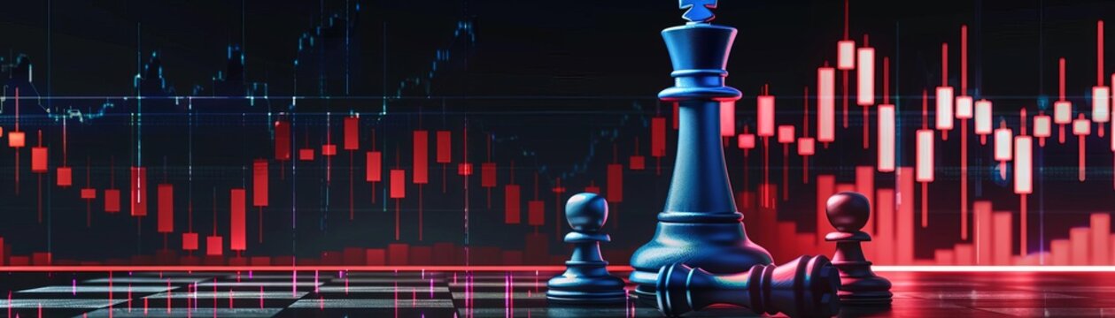Futuristic 3D illustration of stock market allusion with winlose king chess pieces Standing blue king over fallen red king on candlestick chart screen analysis with room for text f