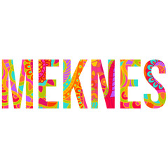Meknes moroccan city name design filled with colorful floral doodle pattern. Use for card, logo, tshirt print,travel blogs, festivals, city events, typography design, posters, headline