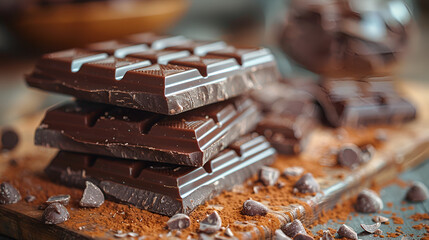 World Chocolate Day. Chocolates. Chocolate Bar,
Gourmet chocolate bar on dark wooden background with silver accents