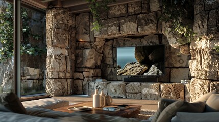 A TV lounge with a TV set within a stone-clad niche, creating a rustic yet modern look