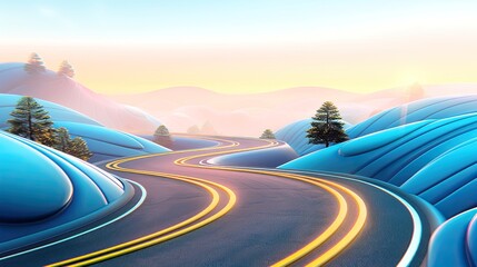 A painting depicting a winding road snaking through majestic mountains, leading through a picturesque landscape