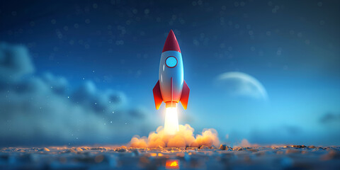 A rocket launching from the ground with flames and smoke billowing out, ready to soar into space.
