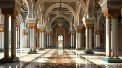 Fototapeta premium Sunlight streams through the opulent archways of an elaborate, traditional interior with ornate columns and a mosaic floor.