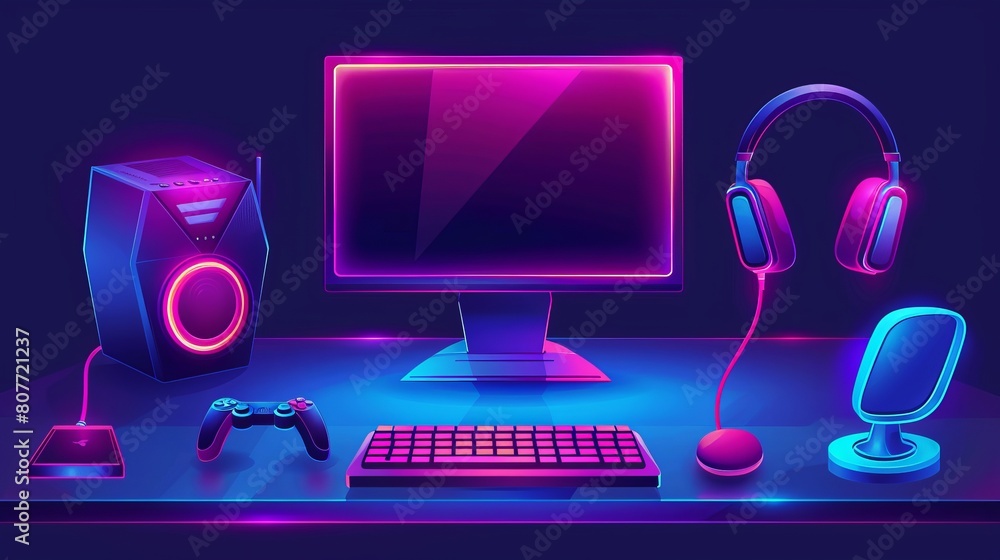 Aufkleber modern illustration of a game computer isolated in a streamer room interior. cartoon neon computer, 