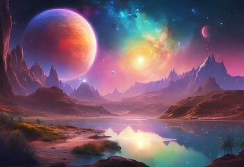 a large pond amidst mountains on one of the stars in the galaxy, in the background is the sky where the stars in the galaxy can be seen with beautiful lights