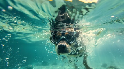 A playful dog wearing snorkeling goggles emerges partially submerged in turquoise water.