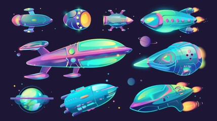 A cartoon alien spaceship icon set. UFO shuttle cute illustration. Colorful spaceship UI assets. Spaceship travel transportation for cosmos.