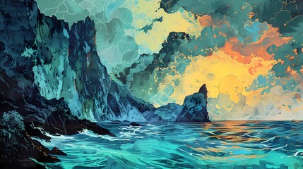 Seaside cliff scenery illustration poster background