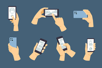 hand holding phone. mobile gadgets finger touching smartphones in hands, using applications tapping scrolling concept collection. vector cartoon graphic.
