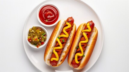 Hot dogs with mustard in a plate and bowls of ketchup and pickles, top view.