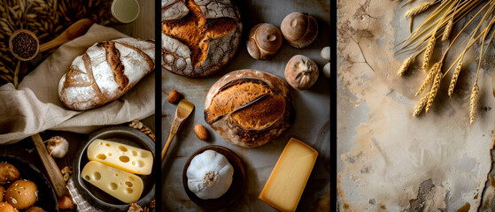 Different types of artisan bread displayed on table, various toppings and accompaniments