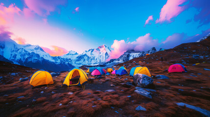 Colorful tents pitched on a mountainous terrain under a sunset sky with pink clouds and snowy peaks.