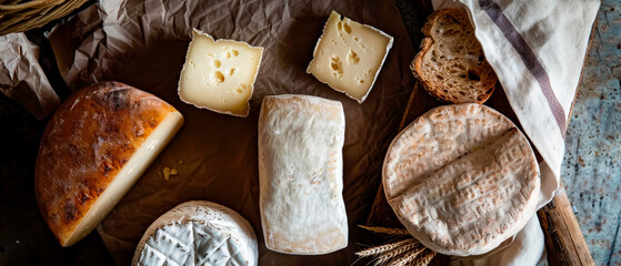 Variety of artisan cheeses and breads displayed on wooden table