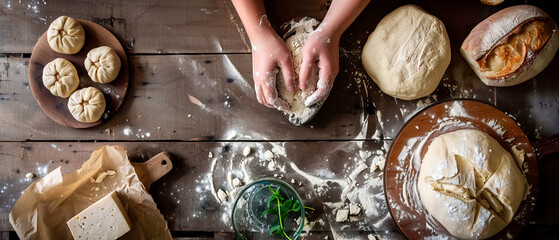 Person making bread on rustic wooden table, art and craft concept