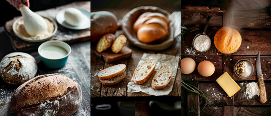 Three images of food on rustic wooden table, including bread, eggs and butter