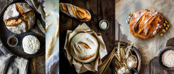 Three different types of freshly made bread displayed on rustic wooden table