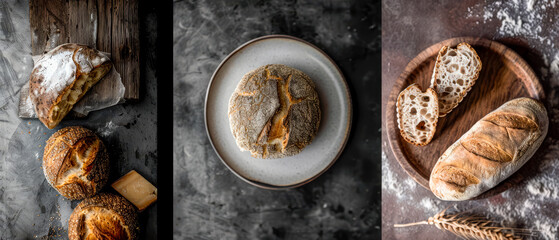 Three images of freshly made bread and pastries on a table