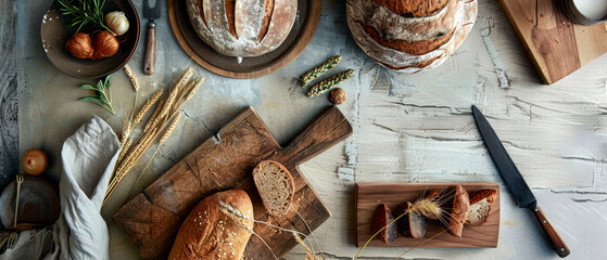 A wooden cutting board with freshly made bread on it, art and craft concept