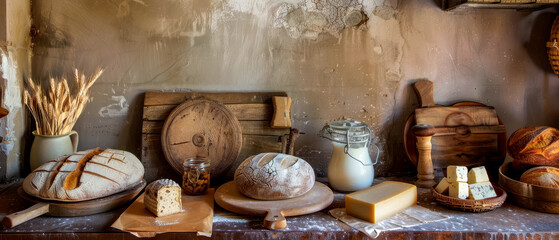Rustic table with a variety of freshly made bread and artisan cheeses