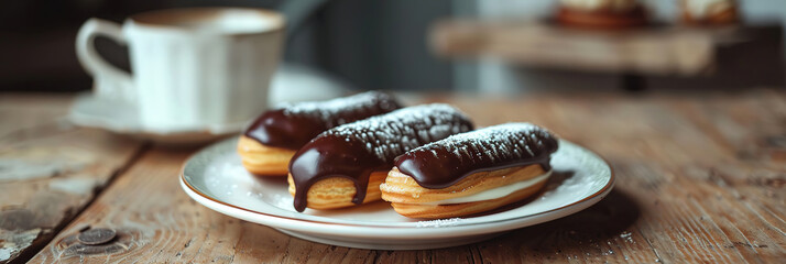 eclairs, minimalist, traditional, natural light, professional food photography, advertising with...