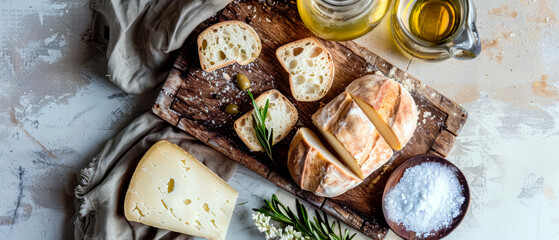 A wooden cutting board with bread, artisan cheese, and herbs on marble table