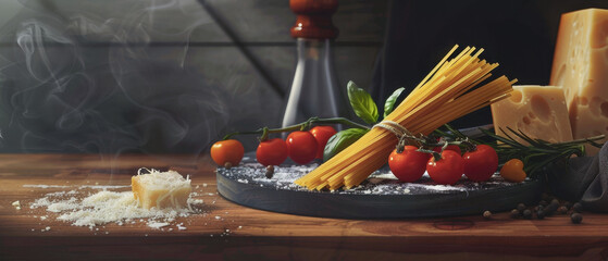 Close up pasta with tomatoes on wooden table ready for preparation