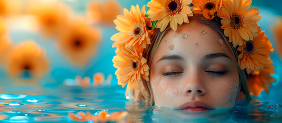 Woman floating in pool with flower crown on her head, Spa and wellness concept