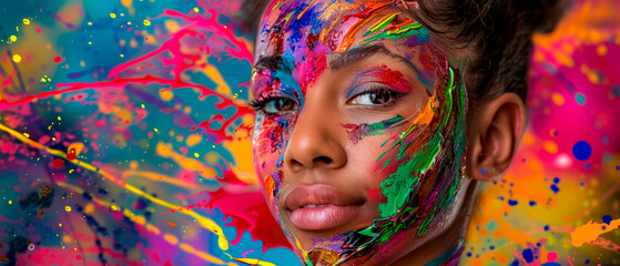 Beautiful woman with colorful face paint, vibrant and energetic atmosphere